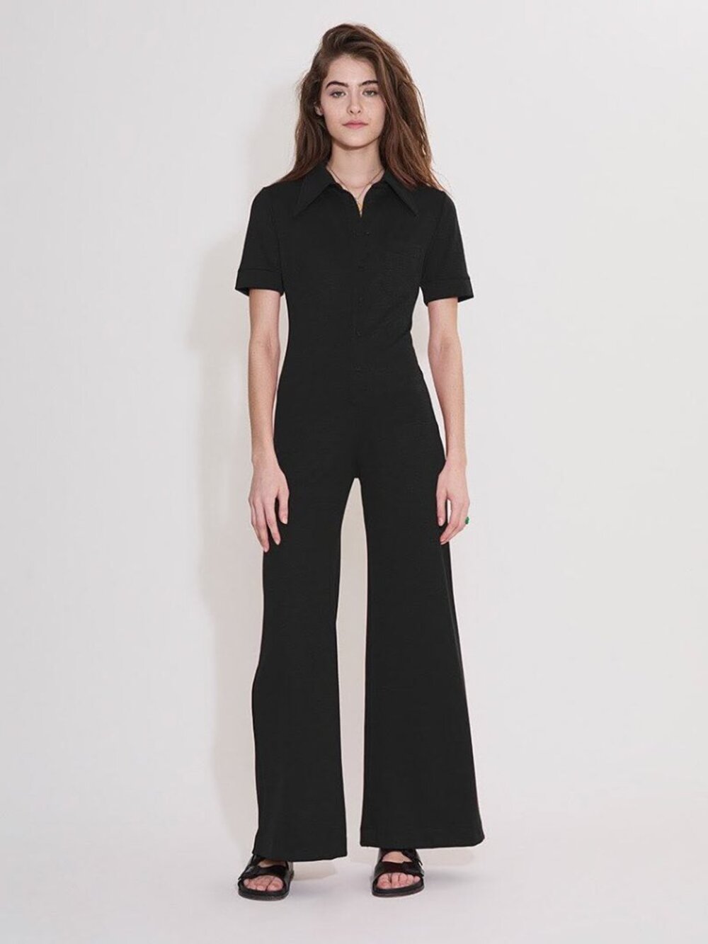 Suzie Kondi Ponte Short Sleeve Jumpsuit One Piece Black Size Small Wide Leg
